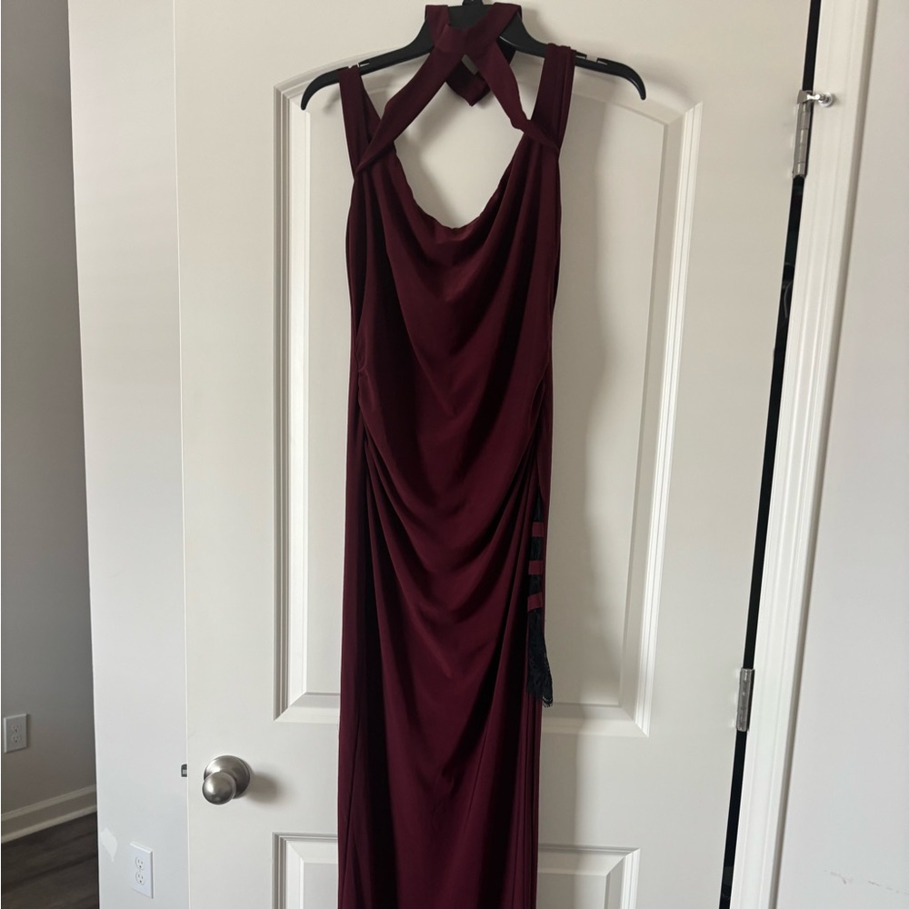 VENUS Deep Red Lace Asymmetrical Maxi Dress